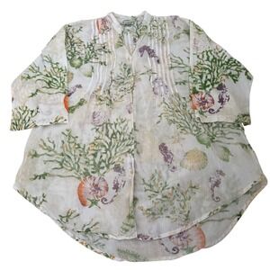 Pak Universal Sea Life Coral Seahorse Pintuck Button Front Tunic Top One Size